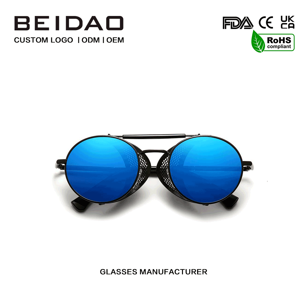 Designer Blue Round Alloy Frame Cross-terminus Glasses