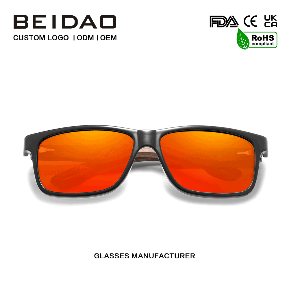 Designer Walnut Frame Red Polarized Sunglasses Custom logo